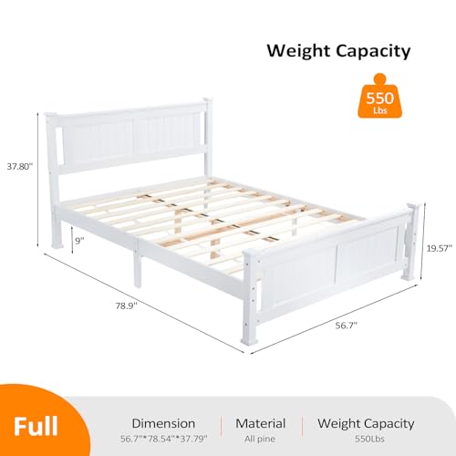 Bonnlo Full Size Solid Wood Platform Bed Frame, Panel Bed with Headboard, No Box Spring Needed Bed Base, Wood Slat Support Mattress Foundation, White - color: White, size: Full