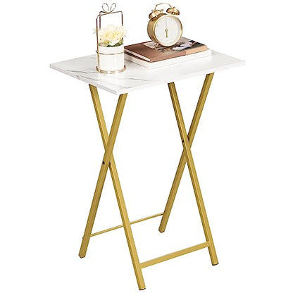 HOOBRO Folding TV Tray Tables, Set of 2 Side Table for Small Space, Industrial Snack Tables for Eating at Couch, Stable Metal Frame, Easy Assembly, Space Saving, Marble and Gold DM25BZ01 - color: Marble + Gold