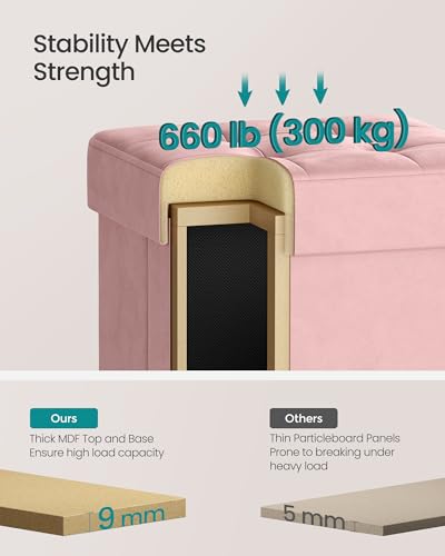 SONGMICS Small Storage Ottoman, Folding Ottoman Cube, 15 x 15 x 15.7 Inches, Footstool, Footrest, 10 Gal. (37 L), Velvet Surface, for Bedroom, Living Room, Dorm, Jelly Pink ULSF0516R01 - color: Jelly Pink