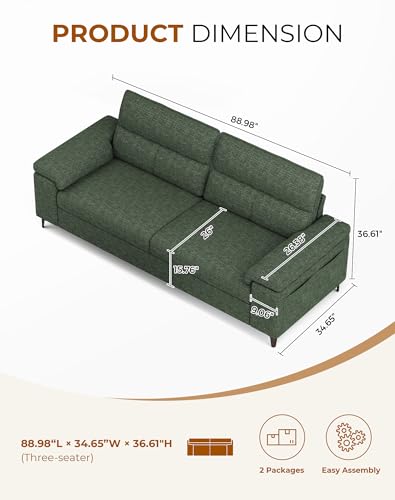 Upvilla 88.97" Modern Sofa Couch Deep Seat Sofa for Living Room(Green) | 8”Cushion, Comfy 2-Seater Chenille Loveseat with Convertible Armrest, Removable Sofa Cover, High Leg - color: Green, size: 88.97" Couch