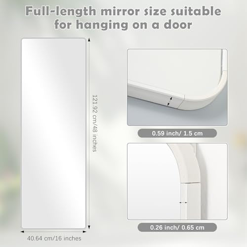 Thyle Over The Door Mirror 16x48'' Full Length Dorm White Mirror with Adjustable Hooks Wall Mounted for College School Classroom Affirmation Station Back Door Bedroom Entryway Long Body