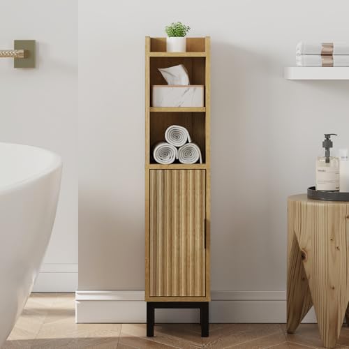 FerniTry Small Bathroom Storage Cabinet, Corner Narrow Toilet Paper Floor Cabinet with Door and Shelves,Bathroom Organizer with Adjustable Shelf, for Small Spaces (Oak) - color: Oak, size: 4-Tier