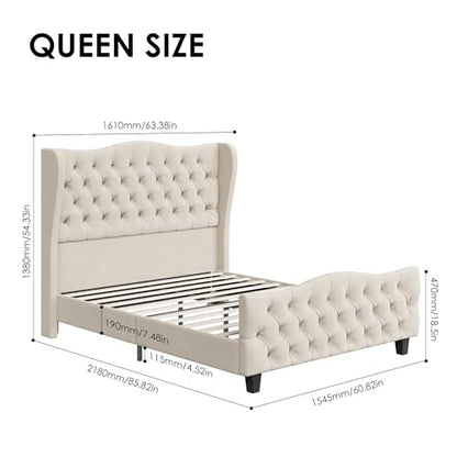 Queen Size 54.3" Tall Bed Frame with Wingback Headboard & Footboard | Velvet Upholstered Platform Bed with Deep Button Tufted & Handmade Pleats, No Box Spring Needed, Easy Assembly, Beige/Cream - size: Queen