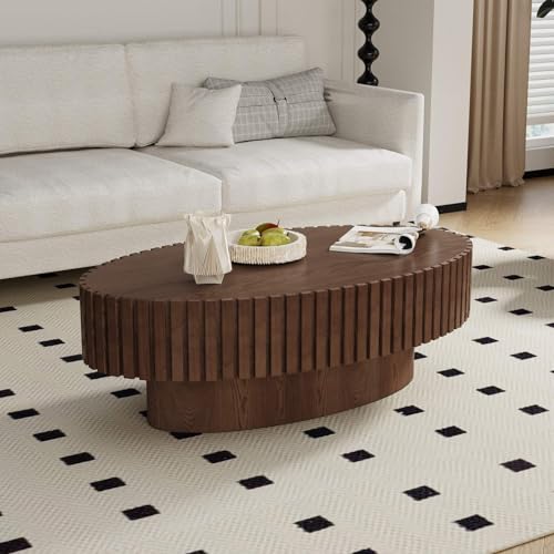 Oval Drum Fluted Coffee Table (C) | Modern Wood Coffee Table with Circle Pedestal Center Tables Fluted Accent Tea Tables for Apartment Living Room - color: C