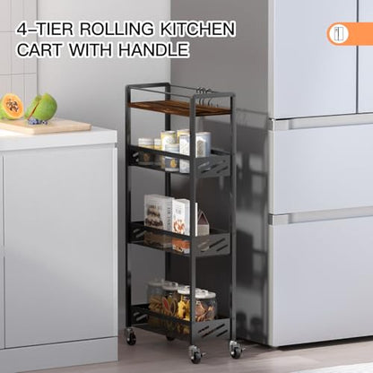 DGSNADGO Slim Rolling Storage Cart, 4-Tier Narrow Kitchen Cart with Wheels | Metal Mobile Snack Shelving, Rolling Spice Rack for Small Space in Kitchen, Living Room, Bathroom, Rustic Brown and Black - color: Rustic Brown+black