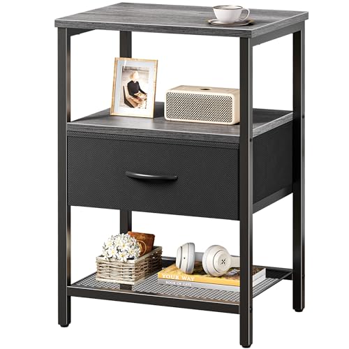 Huuger Night Stand with Fabric Drawer, Side Table with Mesh Shelf, Bedroom Nightstand, Fabric Drawer Dresser, Open Shelf, Metal Frame, Couch Side, Charcoal Gray | Bedroom Nightstand, Fabric Drawer Dresser, Open Shelf, Metal Frame, Couch Side, Charcoal Gra