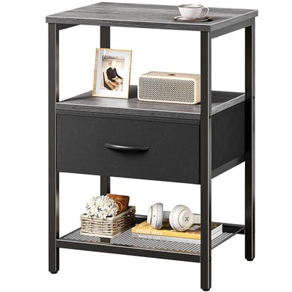 Huuger Night Stand with Fabric Drawer, Side Table with Mesh Shelf, Bedroom Nightstand, Fabric Drawer Dresser, Open Shelf, Metal Frame, Couch Side, Charcoal Gray | Bedroom Nightstand, Fabric Drawer Dresser, Open Shelf, Metal Frame, Couch Side, Charcoal Gra