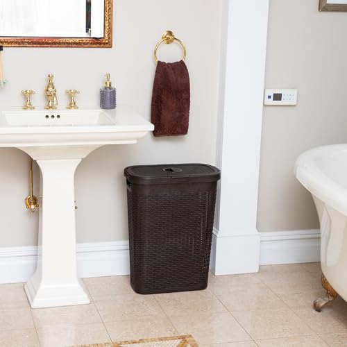 Mind Reader Slim Laundry Hamper with Lid, 40L Clothes Basket, Narrow Tapered Design with Ventilated Cutout Pattern, Plastic, Brown - color: Brown, size: Single