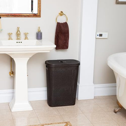 Mind Reader Slim Laundry Hamper with Lid, 40L Clothes Basket, Narrow Tapered Design with Ventilated Cutout Pattern, Plastic, Brown - color: Brown, size: Single