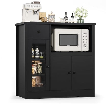 GarveeHome Kitchen Microwave Cabinet with Storage and Drawers, Black | Modern Small Buffet Cabinet, Glass Doors, Adjustable Shelf, Wooden Sideboard, Wide Top, for Dining Room, Living Room - color: Black