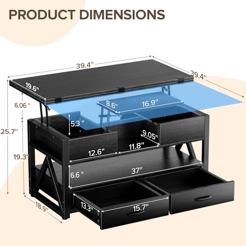 40" Lift Top Coffee Table with Storage,Black | 4 in 1 Multi-Function Lifting top Coffee Tables with Storage Drawers and Hidden Compartmen,for Living Room - color: Black