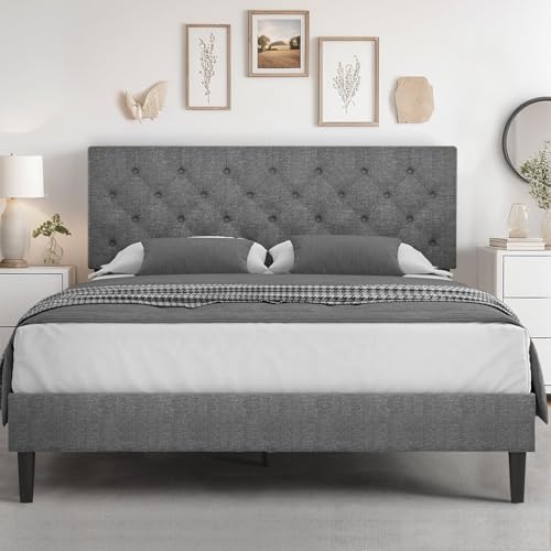HOMBCK Queen Bed Frame, Grey Linen Fabric Upholstered Bed Frame Queen Size, Wood Slats Support, Button Tufted Design, No Box Spring Needed, Light Grey - color: Light Grey, size: Queen