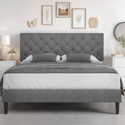 HOMBCK Queen Bed Frame, Grey Linen Fabric Upholstered Bed Frame Queen Size, Wood Slats Support, Button Tufted Design, No Box Spring Needed, Light Grey - color: Light Grey, size: Queen