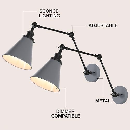JONATHAN Y Rover 1-Light Wall Sconce 7", Gray/Black, Set of 2 | Adjustable Arm, Hardwired Bedside Reading Swing Arm, Farmhouse Cone Shade, Metal Hardwired Indoor Fixture, LED Bulbs Included - color: Gray/Black, size: Set of 2