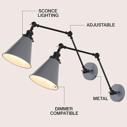 JONATHAN Y Rover 1-Light Wall Sconce 7", Gray/Black, Set of 2 | Adjustable Arm, Hardwired Bedside Reading Swing Arm, Farmhouse Cone Shade, Metal Hardwired Indoor Fixture, LED Bulbs Included - color: Gray/Black, size: Set of 2
