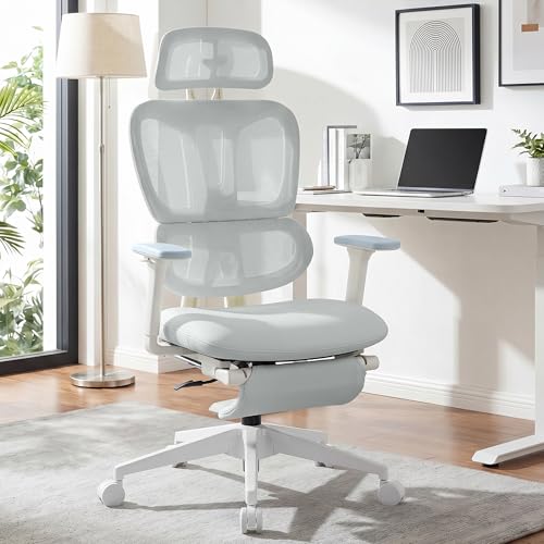 Ergonomic Office Chair with Footrest, 90-135° Reclining High Back Desk Chair with Lumbar Support, 2D Headrest, 2D Armrests, Computer Chair for Long Hours, Light Grey - color: Light Grey