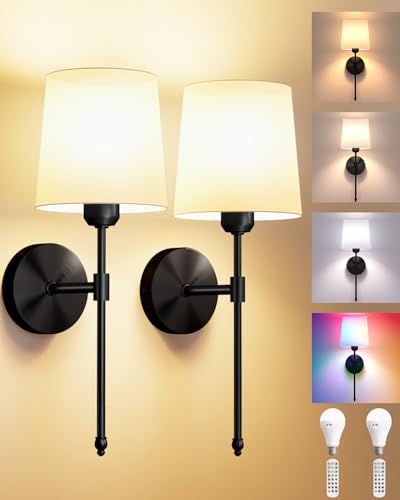 Battery Operated Wall Sconces Set of 2, Wireless Rechargeable Dimmable Wall Light with 5600mAh RGB Bulb and Remote for Bedroom, Living Room, Hallway, Black, 19in - color: Black, size: 19 Inch Set of 2
