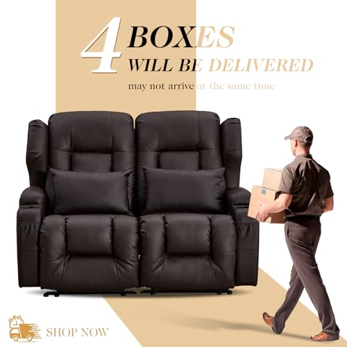 Loveseat Recliner Sofa,RV Wall Hugger Recliners for Small Spaces,Reclining Loveseat Sofa Recliner with Cup Holders/Lumbar Pillows,RV Furniture (Brown, 56" 2-Seater) - color: Brown, size: 56" 2-Seater