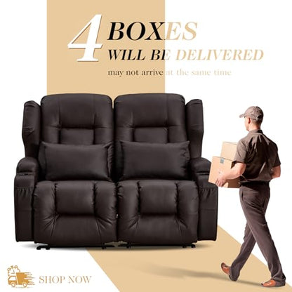 Loveseat Recliner Sofa,RV Wall Hugger Recliners for Small Spaces,Reclining Loveseat Sofa Recliner with Cup Holders/Lumbar Pillows,RV Furniture (Brown, 56" 2-Seater) - color: Brown, size: 56" 2-Seater