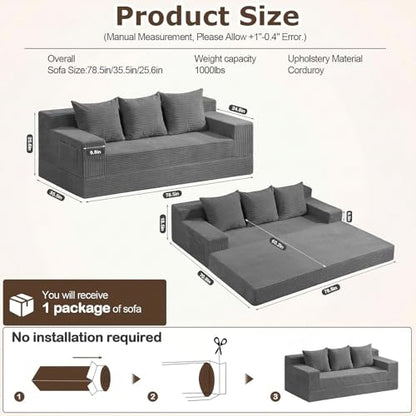 cidludto Convertible Sofa Bed, 78" Oversized Boneless Loveseat Couch 2 in 1 Foldable Futn Bed Couch in A Box, Folding Sofa Chair for Living Room, No Assembly Required, Grey - color: Grey, size: Three Seat-78''