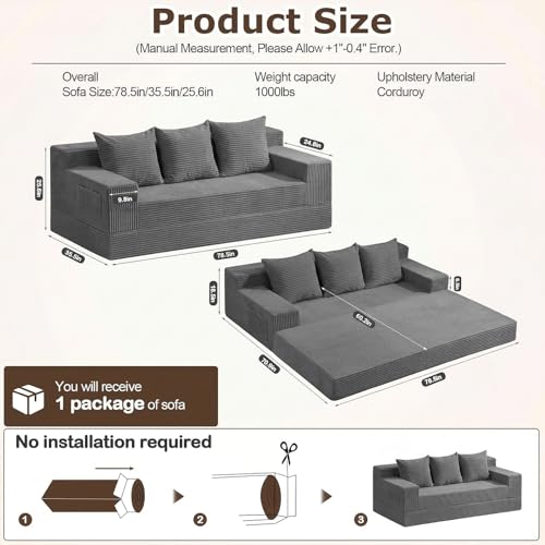 cidludto Convertible Sofa Bed, 78" Oversized Boneless Loveseat Couch 2 in 1 Foldable Futn Bed Couch in A Box, Folding Sofa Chair for Living Room, No Assembly Required, Grey - color: Grey, size: Three Seat-78''
