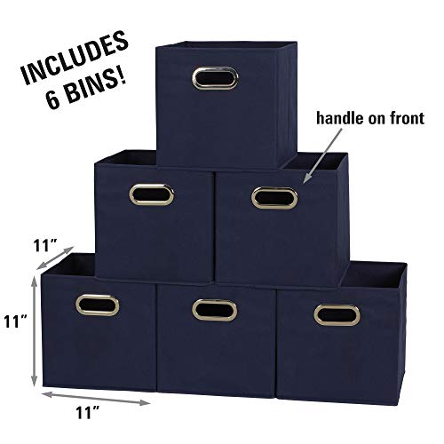 Household Essentials Fabric Storage Bins 6 Piece Set, Strong Poly-Woven Fabric, Sturdy Chipboard Sides, Grommet Front Handle, Stackable and Foldable, Classic Design, Navy - color: Navy, size: 11” L x 11” W x 11” H