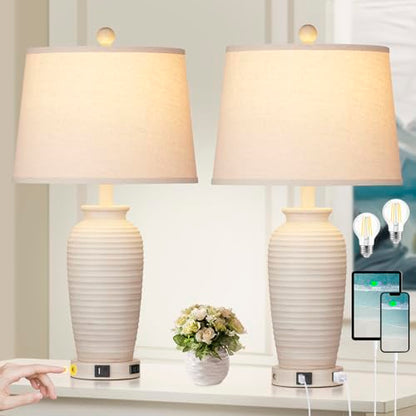 CINSARY 24.3" Farmhouse Jar Table Lamps Set of 2, 3 Way Touch Control Rustic Bedside Lamps with USB A+C Ports & AC Outlet, Pot Nightstand Lamps for Bedroom Living Room (LED Bulbs Included) - color: Cream