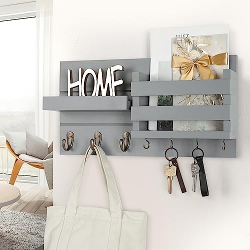 Lwenki Mail Organizer for Wall Mount – Key Holder with Shelf Includes Letter Holder and Hooks for Coats, Dog Leashes – Rustic Wood with Flush Mounting Hardware (16.5” x 8.7” x 3.5”) (Gray) - color: Gray