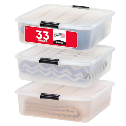 IRIS USA 3-Pack, 33 Qt. Under Bed Storage Bin with Lids, Clear | Store seasonal clothing, shoes, blankets, linens and household essentials neatly under beds to maximize storage space - style: 33 Qt. Short - 3 Pack