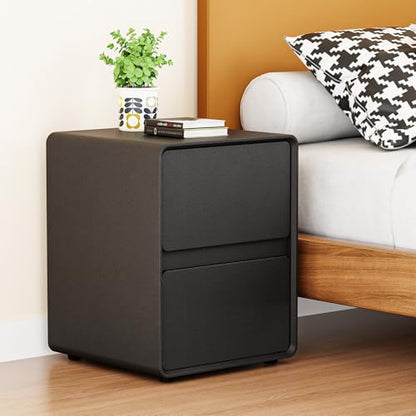 15.8" W Faux Leather Narrow Nightstand, Modern Fully-Assembled Bedside Table with 2 Drawers, Wood Night Stand Small Accent End Table & Side Table for Bedroom, Black - color: Black, size: 16in