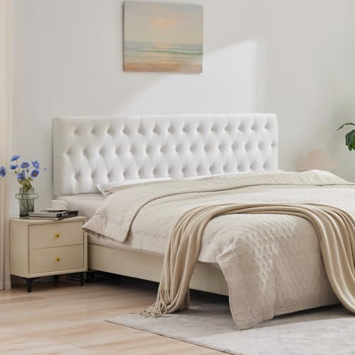 Tufted Upholstered Full Size Bed Headboard in Modern Button Design, Adjustable Solid Wood Head Board, Premium Velvet Fabric Padded Headboards in Bedroom (White) - color: White, size: Full