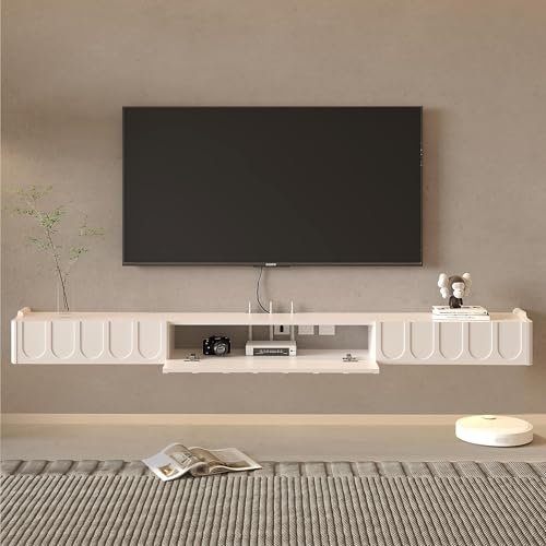 Floating TV Shelf in Solid Wood, 73'' High Gloss Wall Mounted TV Cabinet, Floating Shelves with Door & Drawers, Modern Entertainment Media Console Center Large Storage TV Bench (White) - size: 72.83''