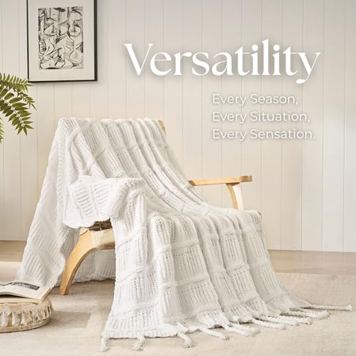 Boho Knitted Chenille Blanket with Tassels - Lightweight & Soft All-Season Throw - 3D Classic Pattern for Living Room Bedroom Couch, Cloud White, Twin 60"x80" - color: Cloud White, size: Twin
