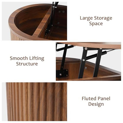 QHITTY Fluted Coffee Table with Lifting Top, Oval Wood Lift Top Coffee Table with Hidden Compartment, Mid Century Pull up Center Tables for Living Room, Office - Walnut - color: Round Table-walnut