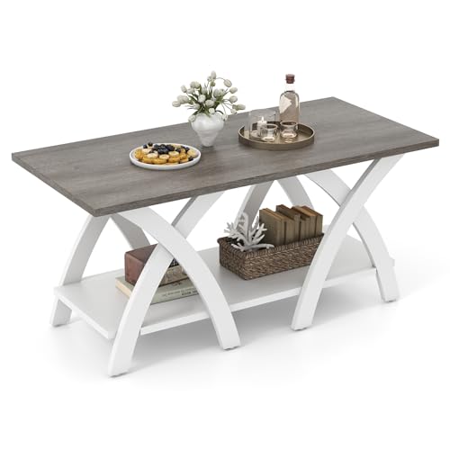 Giantex Farmhouse Coffee Table, 2-Tier Wood Center Table with Storage Shelf & X-Shaped Support Legs, 40 Inch Rectangular Living Room Table with Open Display Area for Small Space (Grey Oak&White) - color: Grey Oak & White