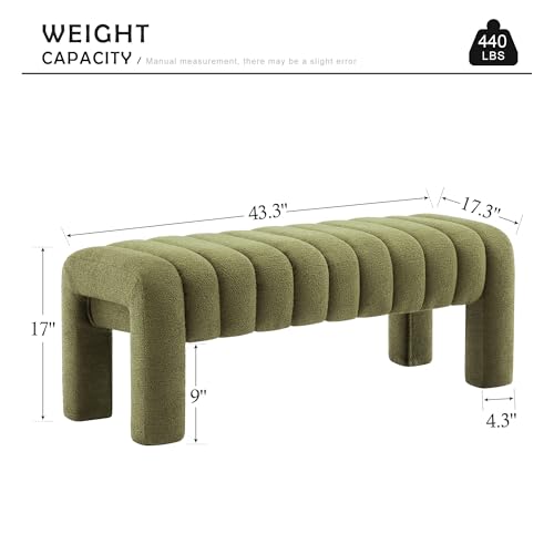43.3" Dining Room Bench, Green Tufted Upholstered End of Bed Bench, Modern Entryway Ottoman Window Seat with Solid Wood Legs and Padded Seat for Bedroom, Hallway and Living Room (Boucle) - color: Green Boucle, size: 43.3"