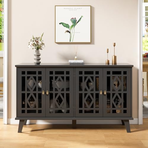 52'' Modern Buffet Cabinet with Hollow-Carved Doors for Living Room, Black | Large Coffee Bar Station for Dining Room and Kitchen, Wood Sideboard Table with Adjustable Shelves, Elegant Storage Cabinet - color: Black, size: Large