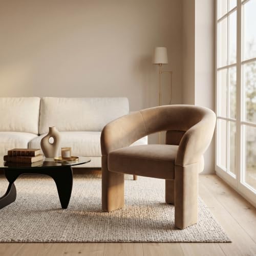 LukeAlon Mid Century Modern Velvet Accent Chair – Round Barrel Back Armchair, Comfy Upholstered Lounge Chair for Living Room, Bedroom, Office, Waiting Rooms, Khaki