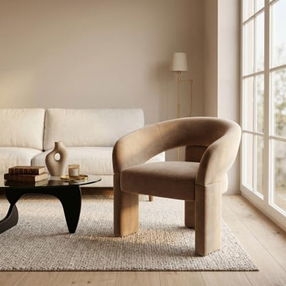 LukeAlon Mid Century Modern Velvet Accent Chair – Round Barrel Back Armchair, Comfy Upholstered Lounge Chair for Living Room, Bedroom, Office, Waiting Rooms, Khaki