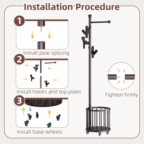 CozyDH Wooden Coat Rack Stand with Umbrella Holder and Wheels, Freestanding Hall Tree Coat Hanger with Multi Hooks, Heavy Duty Coat Tree for Entryway Bedroom Hallway Office, Deep Walnut - color: Dark Walnut, size: Round-15.7D×15.7W×72.8H