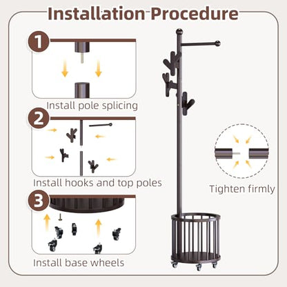 CozyDH Wooden Coat Rack Stand with Umbrella Holder and Wheels, Freestanding Hall Tree Coat Hanger with Multi Hooks, Heavy Duty Coat Tree for Entryway Bedroom Hallway Office, Deep Walnut - color: Dark Walnut, size: Round-15.7D×15.7W×72.8H