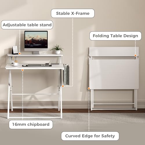 Small Desk No Assembly,31.5Inch 2-Tier Compact Computer Desk with Shelf & Side Pocket,Space Saving Foldable Table for Home Office, Bedroom or Apartment,Portable Collapsible Sturdy Laptop Desk,White - color: White