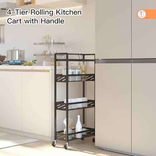 DGSNADGO Slim Rolling Storage Cart, 4-Tier Narrow Kitchen Cart with Wheels | Skinny Rolling Cart, Metal Mobile Snack Shelving, Rolling Spice Rack for Small Space in Kitchen, Living Room,Bathroom, Black - color: Black