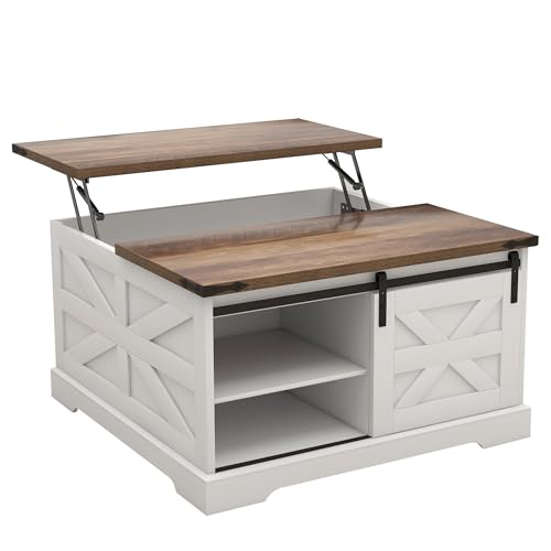 TaoHFE Lift Top Coffee Table with Storage,Rustic White Farmhouse Coffee Table, Square Storage Compartment and Adjustable Shelves Coffee Tables for Living Room (Oak White) - color: Oak White
