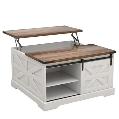 TaoHFE Lift Top Coffee Table with Storage,Rustic White Farmhouse Coffee Table, Square Storage Compartment and Adjustable Shelves Coffee Tables for Living Room (Oak White) - color: Oak White