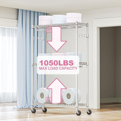M MZG Heavy Duty Rolling Garment Rack 3 Tiers Adjustable Wire Shelving Clothes Rack with 2 Rods and Side Hooks,Storage Closet Clothing Rack with Wheels Chrome 15.7" D x 45.3" W x 79.6" H - color: Chrome, size: 3 Tier and 2 Rod 15.7"D x 45.3"W x 79.6"H