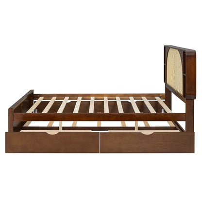 Queen Size Bed Frame with Trundle and Drawers for Aldults, Walnut | Mid Century Bed Frame with Rattan Headboard, No Box Spring Needed, Space Saving
