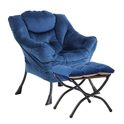 Lazy Chair with Ottoman, Comfy Accent Reading Chair, Velvet RoyalBlue | Foldable Footrest,Removable Cover,with Armrests and Side Pockets,Upholstered Lounge Chair for Bedroom,Dorm,Office,Small Space - color: Velvet Royalblue