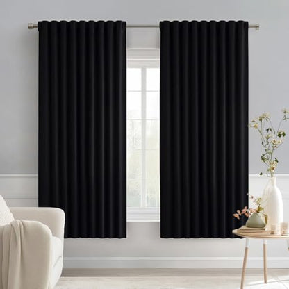 MIULEE Black Back Tab Blackout Curtains 52x63 Inches Long 2 Panels Set | Rod Pocket Pinch Pleated, Thermal Insulated, Room Darkening, Light Blocking Drape, Halloween Curtains for Living Room Bedroom - color: Black, size: 52"W x 63"L (Pack of 2)