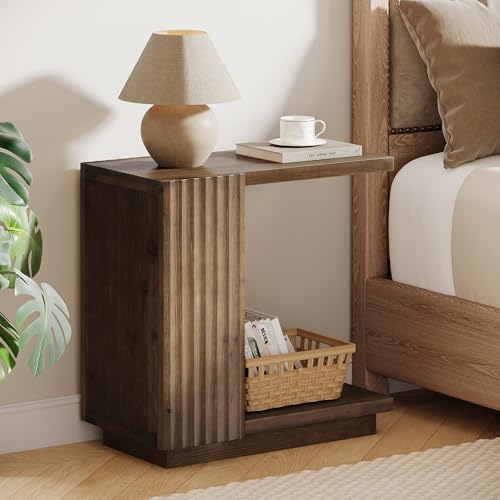 Solid Wood Side Table, C-Shaped Narrow End Table with Storage | 2-Tier Farmhouse Bed Side Table with Fluted Panels, Wood Nightstand for Bedroom, Living Room, Small Spaces, Dark Brown - color: Dark Brown